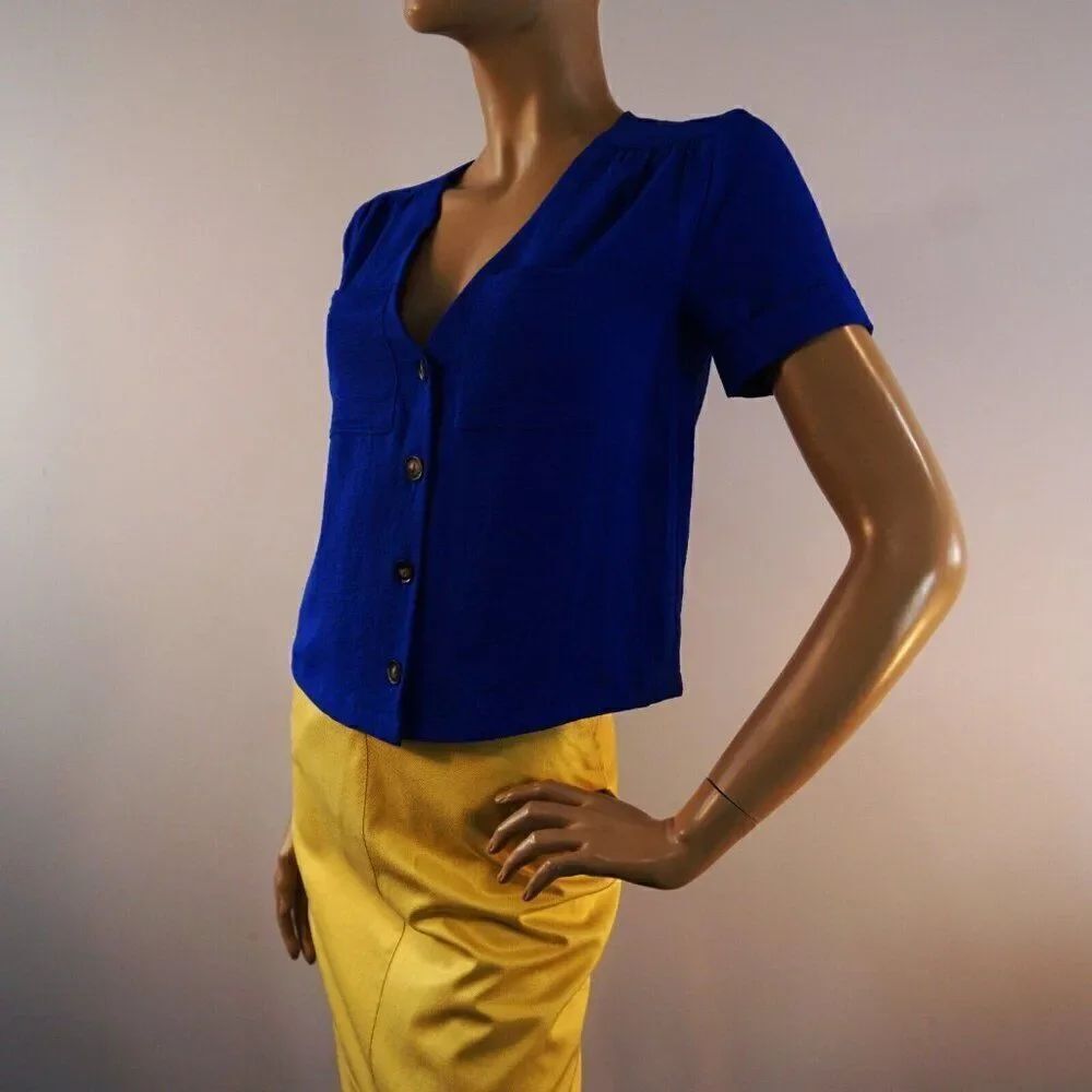 Monteau Los Angeles Womens Blouse Size S Royal Blue V Neck Buttoned Top